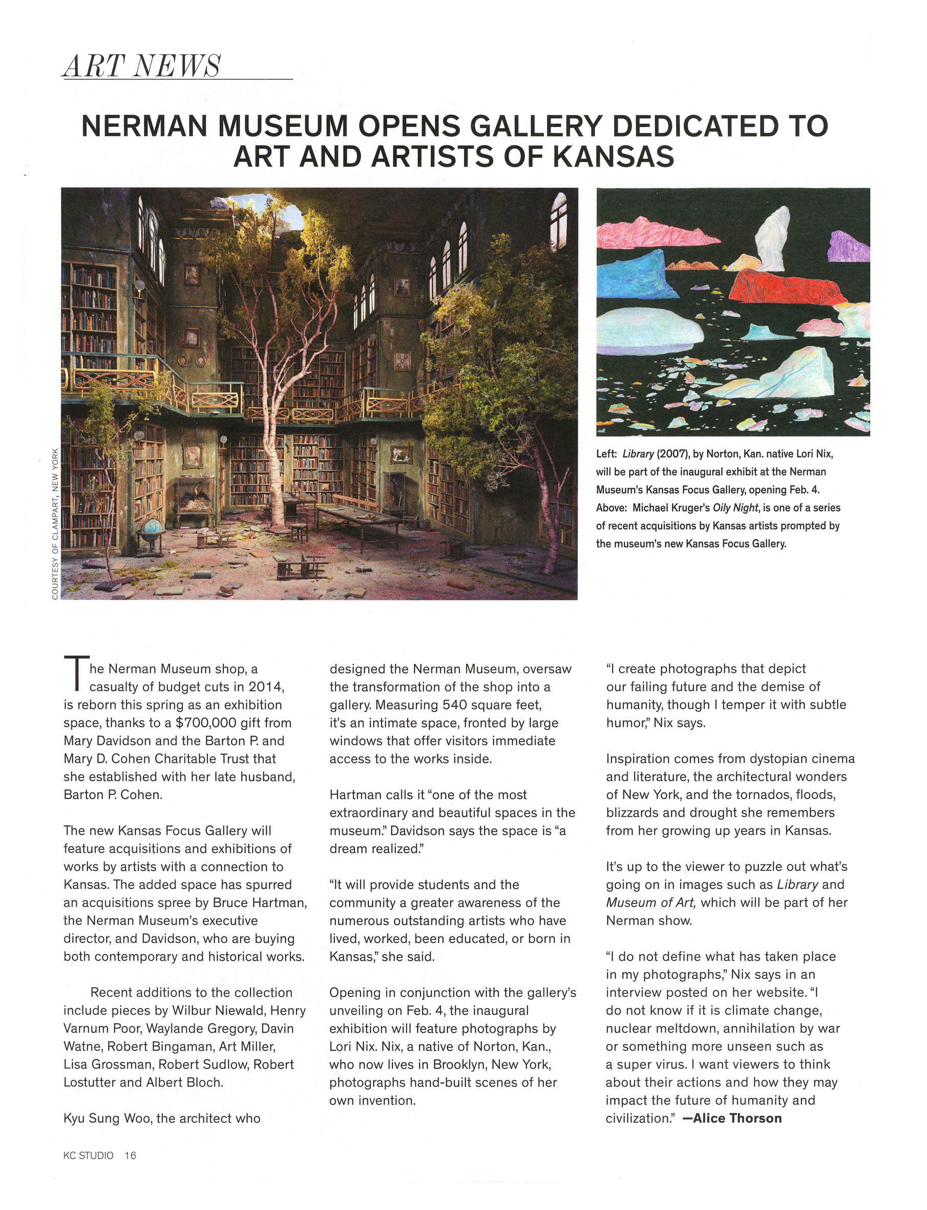 KC STUDIO magazine: Nerman Museum opens gallery dedicated to art and artists of Kansas, January/February 2016 Volume VIII, Issue 1